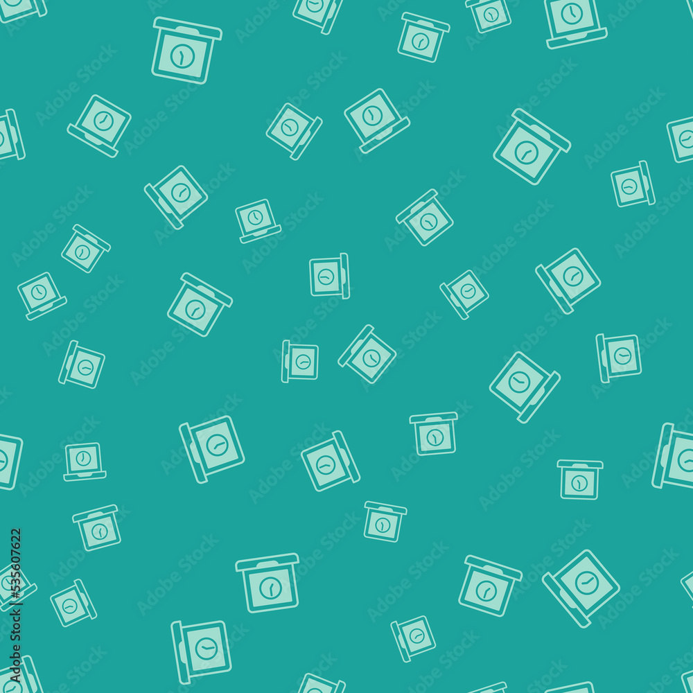 Fototapeta premium Green Laptop time icon isolated seamless pattern on green background. Computer notebook with empty screen sign. Vector
