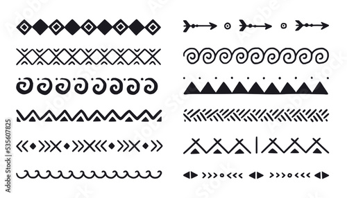 Hand drawn folk motif border, ethnic pattern set. Peru, mexican, aztec drawn border pattern. Boho, indian decoration, arrow element. Vector illustration.