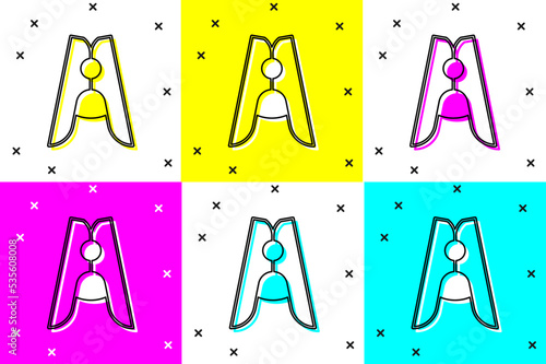 Set Old wood clothes pin icon isolated on color background. Clothes peg. Vector