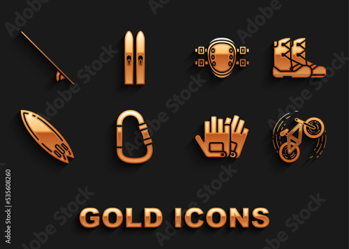 Set Carabiner, Boots, Bicycle trick, Gloves, Surfboard, Knee pads, and Ski and sticks icon. Vector