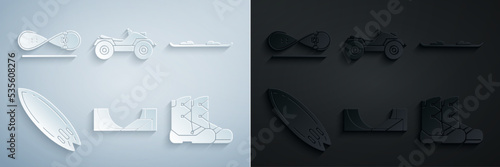 Set Skate park, Snowboard, Surfboard, Boots, All Terrain Vehicle or ATV motorcycle and Skateboard trick icon. Vector