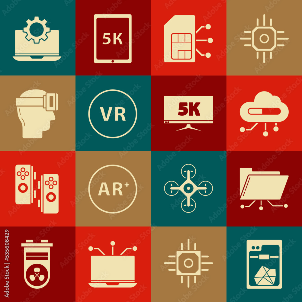 Set 3D printer, Folder and lock, Internet of things, Sim card, Virtual reality, glasses, Laptop gear and Monitor display with 5k video icon. Vector Set 3D printer, Folder and lock, Internet of things, Sim card, Virtual reality, glasses, Laptop gear and Monitor display with 5k video icon. Vector