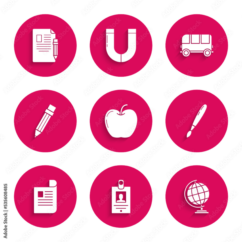 Set Apple, Identification badge, Earth globe, Paint brush, Document, Pencil with eraser, School Bus and Exam sheet and pencil icon. Vector Set Apple, Identification badge, Earth globe, Paint brush, Document, Pencil with eraser, School Bus and Exam sheet and pencil icon. Vector