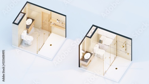 Axonometric view of toilet with wash area and bath facility