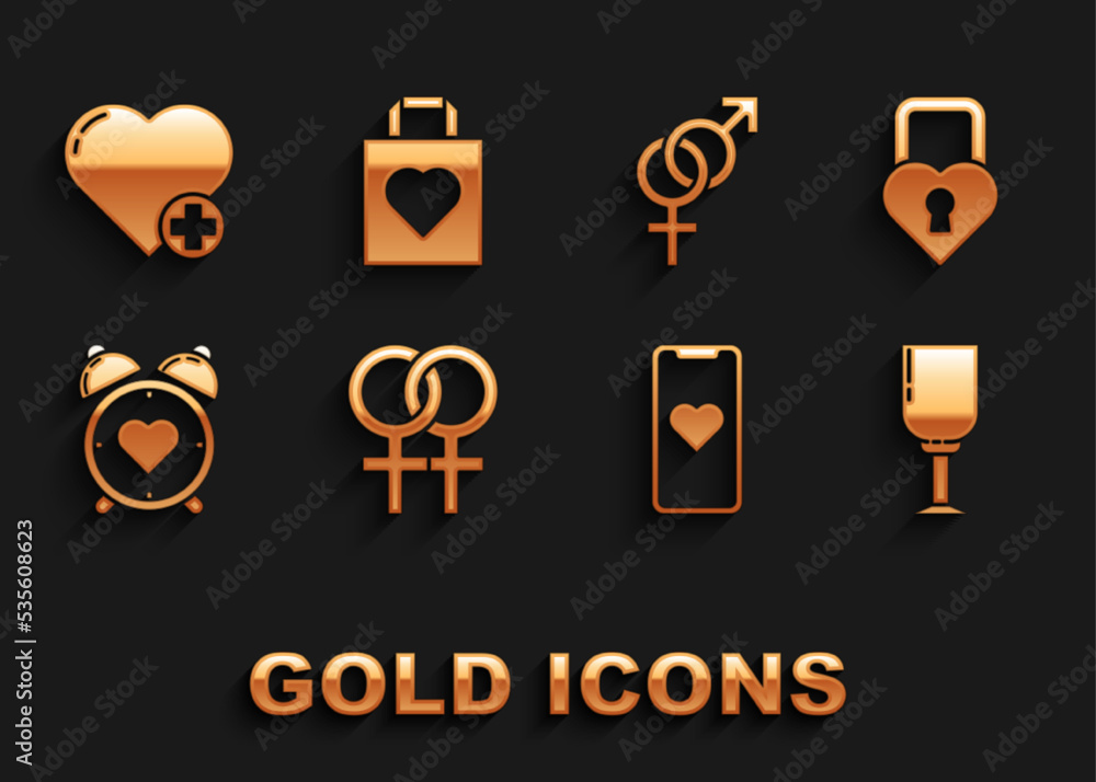 Set Female gender symbol, Castle in the shape of heart, Wine glass, Mobile phone with, Heart center alarm clock, Gender, and Shopping bag icon. Vector Set Female gender symbol, Castle in the shape of heart, Wine glass, Mobile phone with, Heart center alarm clock, Gender, and Shopping bag icon. Vector
