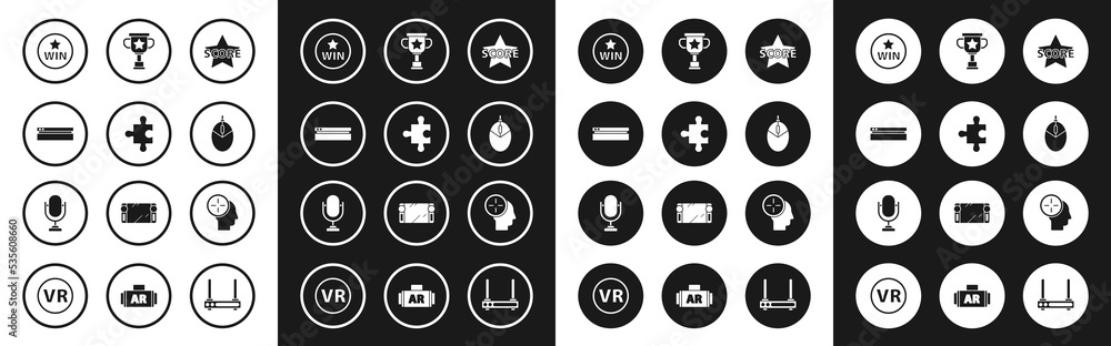 Set Star, Piece of puzzle, Video game console, Medal, Computer mouse gaming, Award cup, Head hunting concept and Microphone icon. Vector