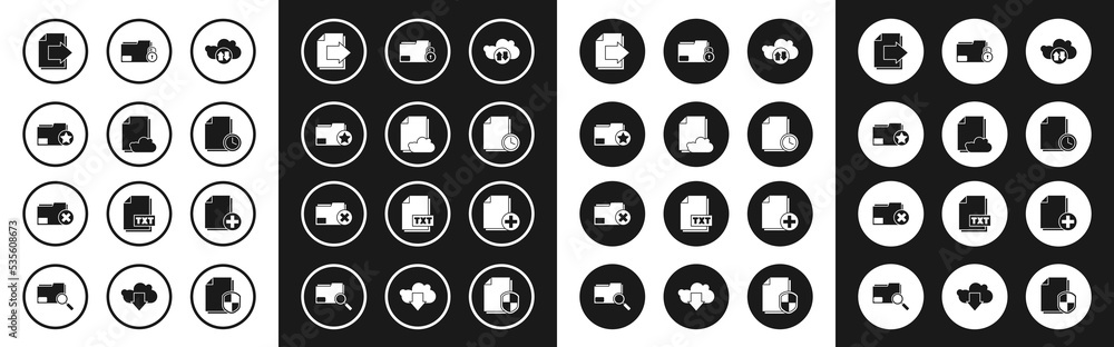 Set Cloud download and upload, storage text document, Document folder with star, Next page arrow, clock, Folder, Add new file and Delete icon. Vector Set Cloud download and upload, storage text document, Document folder with star, Next page arrow, clock, Folder, Add new file and Delete icon. Vector