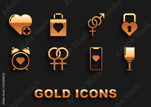 Set Female gender symbol, Castle in the shape of heart, Wine glass, Mobile phone with, Heart center alarm clock, Gender, and Shopping bag icon. Vector