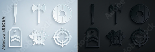 Set Medieval shield with crossed axes, Round wooden, Chevron, Target sport, and Baseball bat icon. Vector