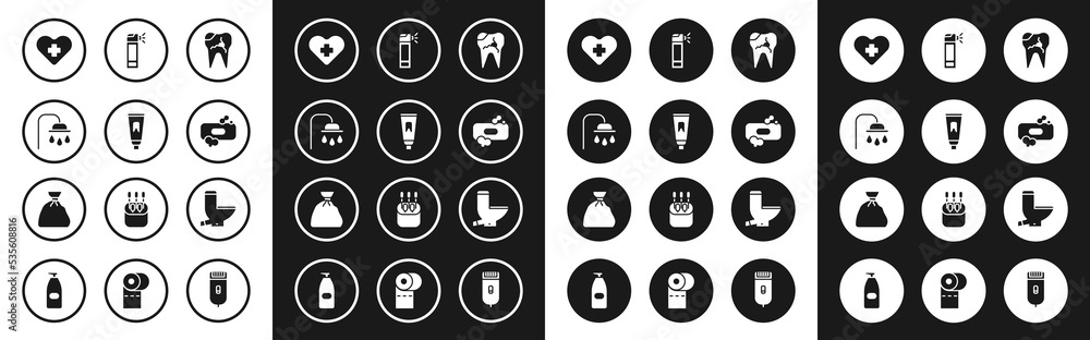 Set Broken tooth, Tube of toothpaste, Shower head, Heart with cross, Bar soap, Bottle nozzle spray, Toilet bowl and Garbage bag icon. Vector