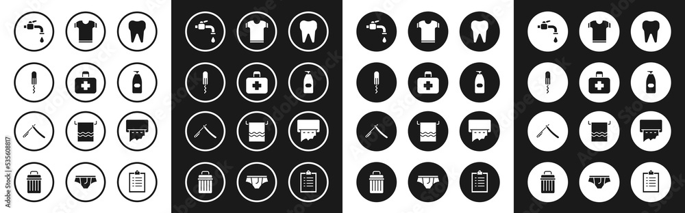 Set Tooth, First aid kit, Sanitary tampon, Water tap, Bottle of liquid antibacterial soap, T-shirt, Paper towel dispenser wall and Straight razor icon. Vector Set Tooth, First aid kit, Sanitary tampon, Water tap, Bottle of liquid antibacterial soap, T-shirt, Paper towel dispenser wall and Straight razor icon. Vector