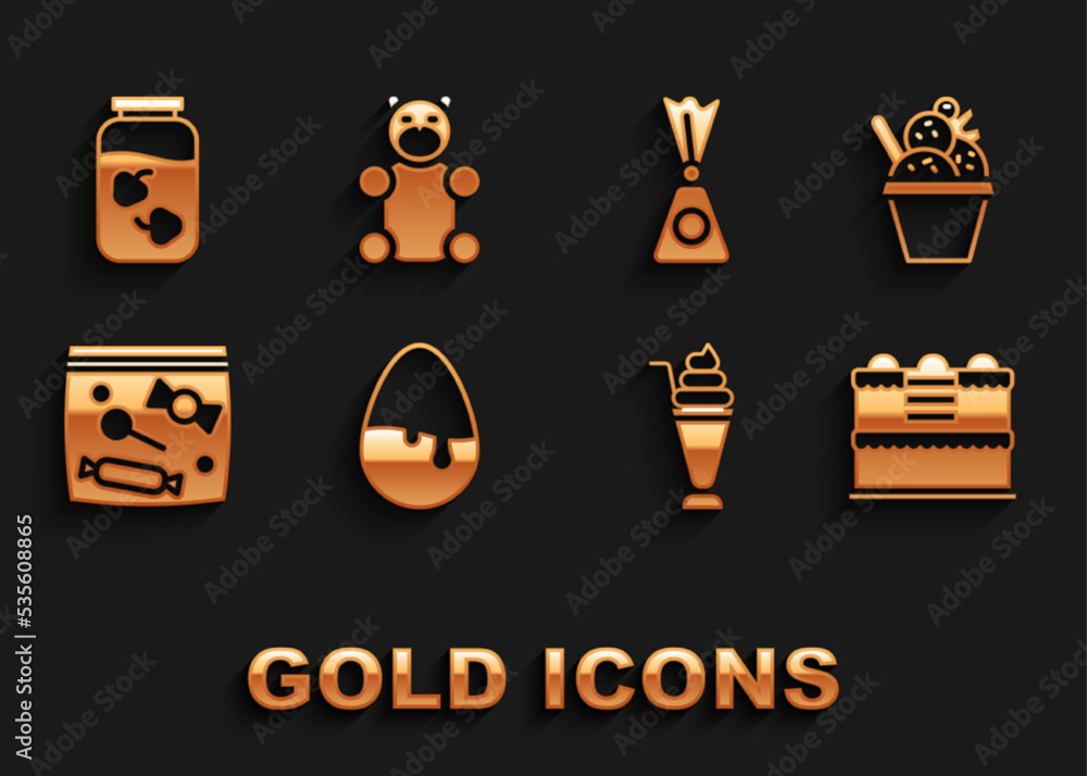 Set Chocolate egg, Ice cream in bowl, Cake, Milkshake, Candy packaging for sweets, Strawberry jam jar and Jelly bear candy icon. Vector Set Chocolate egg, Ice cream in bowl, Cake, Milkshake, Candy packaging for sweets, Strawberry jam jar and Jelly bear candy icon. Vector