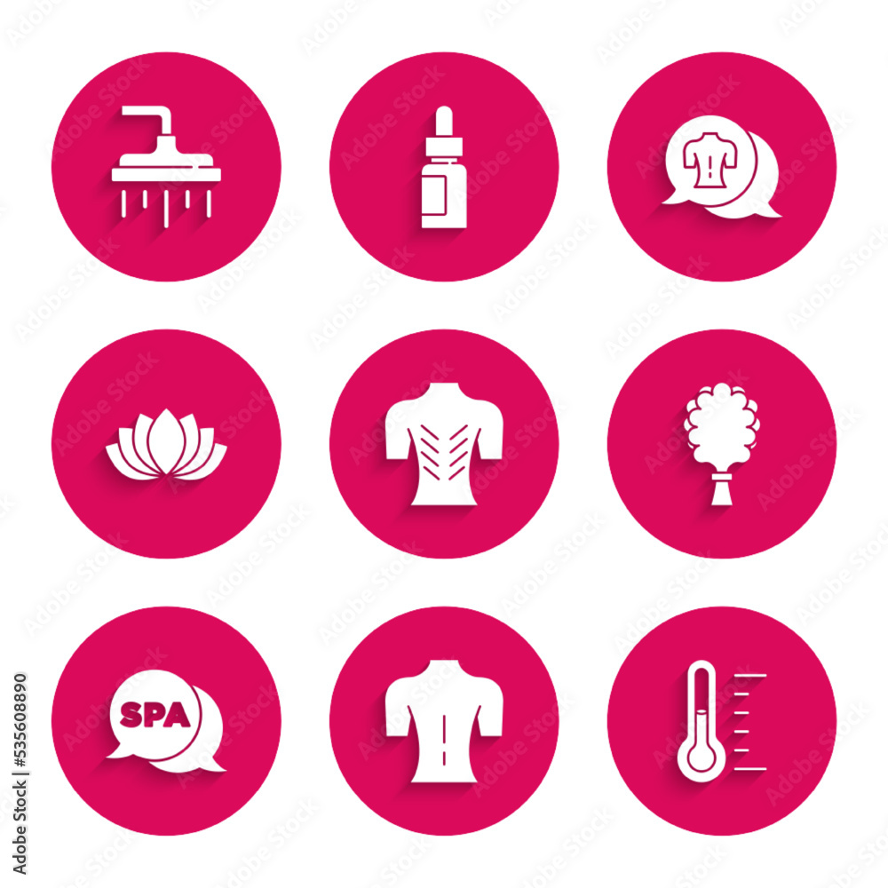 Set Massage, Sauna thermometer, broom, Spa salon, Lotus flower, and Shower head icon. Vector Set Massage, Sauna thermometer, broom, Spa salon, Lotus flower, and Shower head icon. Vector