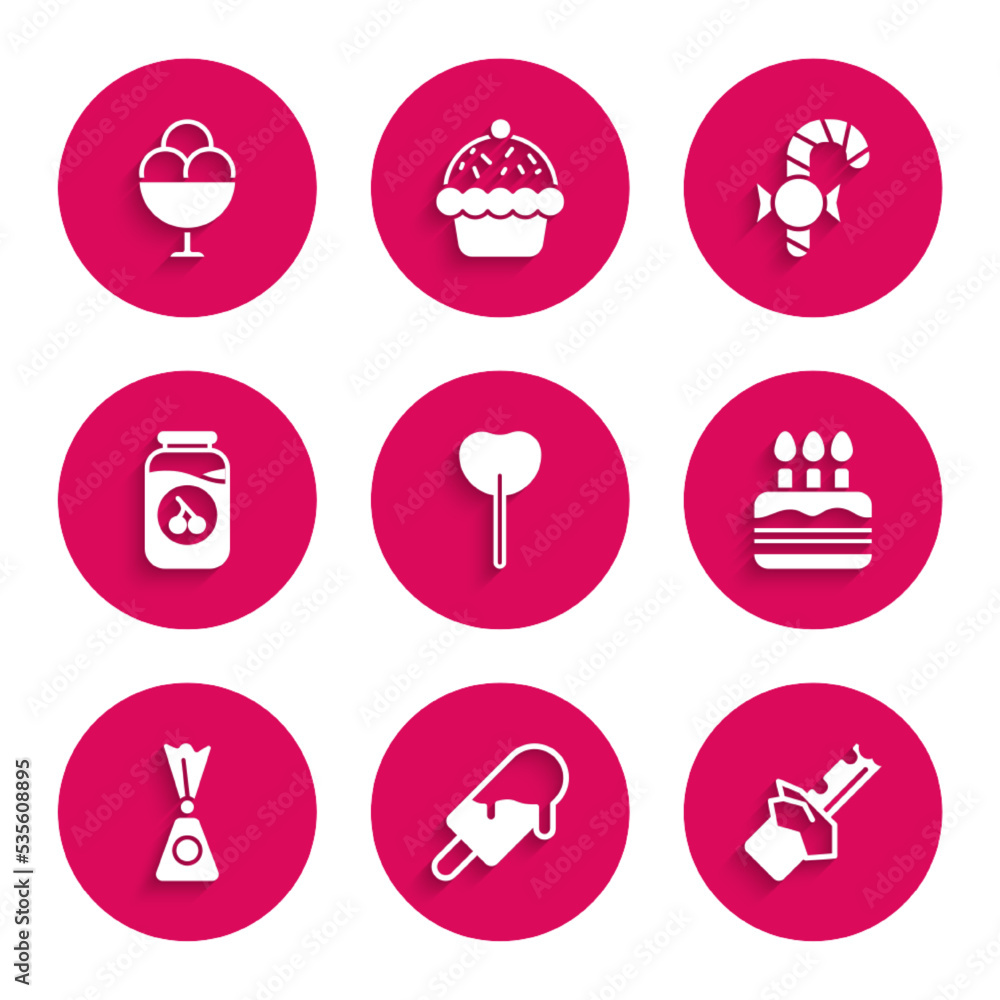Set Lollipop, Ice cream, Bitten chocolate bar, Cake with burning candles, Candy, Cherry jam jar, Christmas candy cane and bowl icon. Vector Set Lollipop, Ice cream, Bitten chocolate bar, Cake with burning candles, Candy, Cherry jam jar, Christmas candy cane and bowl icon. Vector
