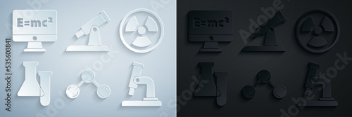 Set Molecule, Radioactive, Test tube and flask, Microscope, Telescope and Equation solution icon. Vector