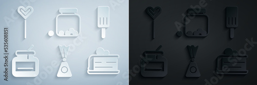 Set Candy, Ice cream, Jar of honey, Piece cake, Glass jar with candies inside and Lollipop icon. Vector