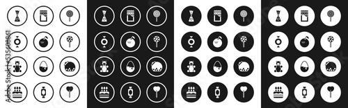 Set Lollipop, Apple, Candy, Chocolate bar, Glass jar with candies inside and Jelly bear candy icon. Vector