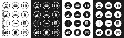 Set Dead body, Coffin with dead, Shovel the ground, Grave cross, Funeral urn, Speech bubble rip death, Decree, parchment, scroll and Hammer icon. Vector