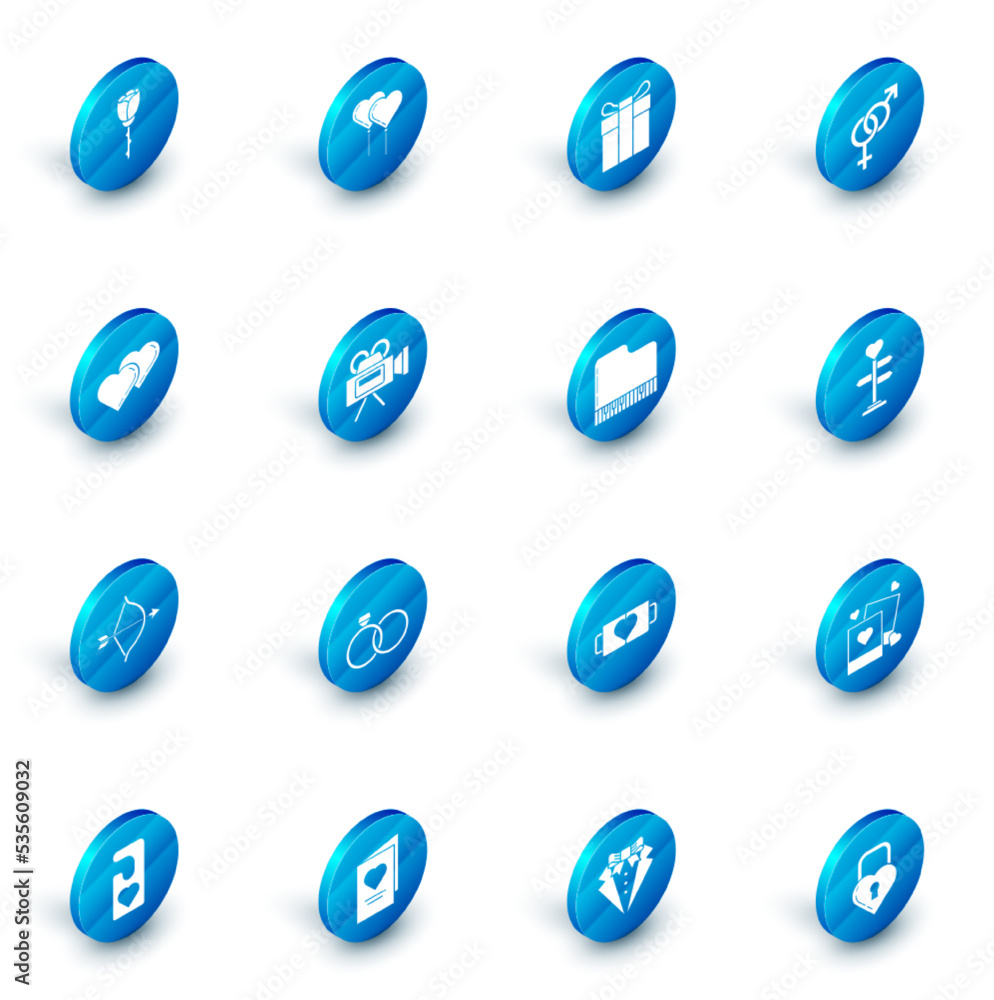 Set Balloons in form of heart with ribbon, Gift box, Gender, Two Linked Hearts, Bow and arrow, Cinema camera, Signpost and Grand piano icon. Vector Set Balloons in form of heart with ribbon, Gift box, Gender, Two Linked Hearts, Bow and arrow, Cinema camera, Signpost and Grand piano icon. Vector