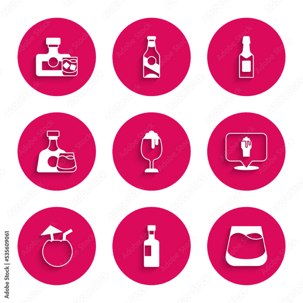 Set Glass of beer, Wine bottle, whiskey, Alcohol or bar location, Coconut cocktail, Whiskey and glass, Champagne and icon. Vector Set Glass of beer, Wine bottle, whiskey, Alcohol or bar location, Coconut cocktail, Whiskey and glass, Champagne and icon. Vector