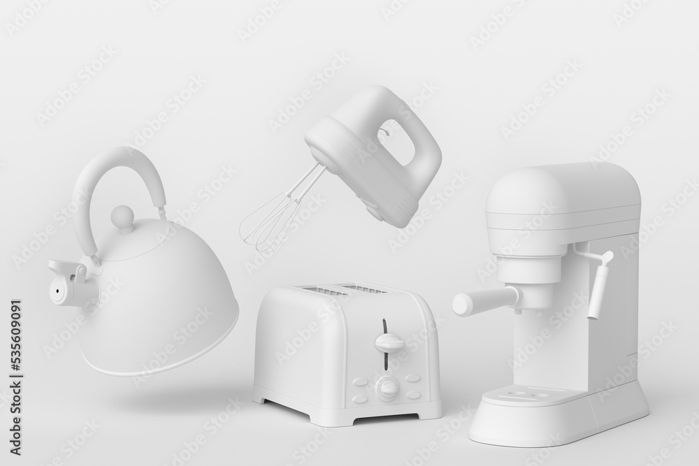 Espresso coffee machine, hand mixer, kettle and toaster on monochrome background Espresso coffee machine, hand mixer, kettle and toaster on monochrome background