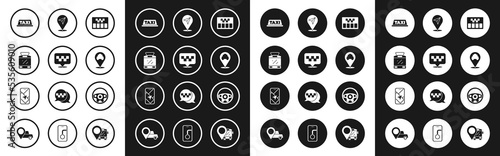 Set Taximeter, Location with taxi, Tram and railway, car roof, Steering wheel and City map navigation icon. Vector