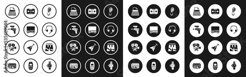 Set Ear with earring, Old video cassette player, Ray gun, Retro typewriter, Headphones, audio tape, Short or pants and cinema camera icon. Vector