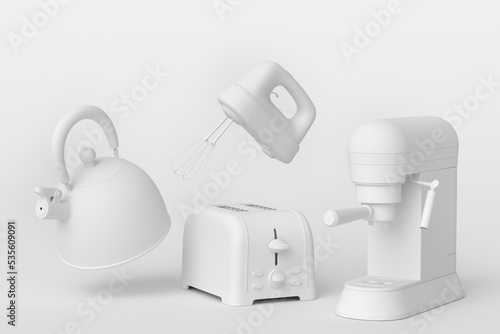 Espresso coffee machine, hand mixer, kettle and toaster on monochrome background