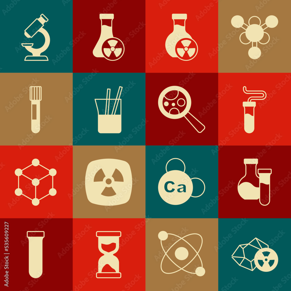 Set Radioactive, Test tube, with toxic liquid, Laboratory glassware, Microscope and Microorganisms under magnifier icon. Vector Set Radioactive, Test tube, with toxic liquid, Laboratory glassware, Microscope and Microorganisms under magnifier icon. Vector