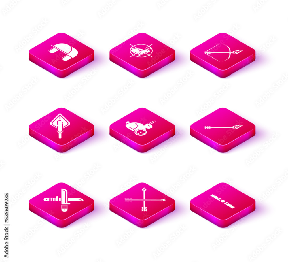 Set Crossed hunter knife, arrows, Hipster tip, Hunt on rabbit with crosshairs, Trap hunting, Flame, Bow and fire and icon. Vector