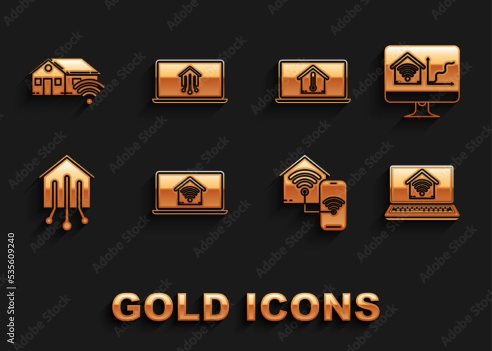 Set Laptop with smart home with wi-fi, Computer monitor, Smart, house temperature, and icon. Vector Set Laptop with smart home with wi-fi, Computer monitor, Smart, house temperature, and icon. Vector