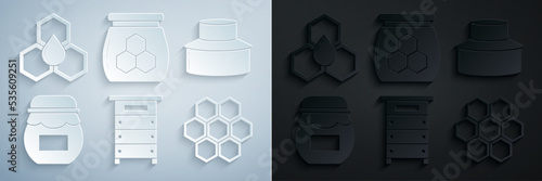 Set Hive for bees, Beekeeper with protect hat, Jar of honey, Honeycomb, and icon. Vector