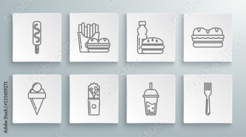 Set line Ice cream in waffle cone  Burger and french fries carton package box  Doner kebab  Glass of lemonade with drinking straw  Fork  Bottle water burger  Sandwich and icon. Vector
