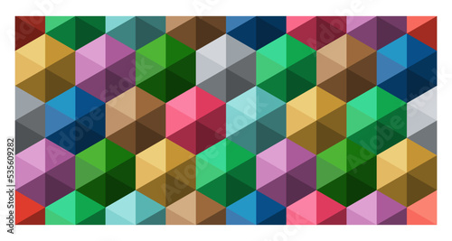 Multicolor seamless vector geometric 3d pattern with hexagon. Kids wrapping template. Colorful set backdrop for postcard, poster, flyers, cards. 3D funny baby background. Endless optical illusions.