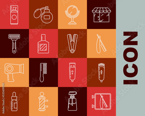 Set line Barbershop with razor, Electrical hair clipper shaver, Straight, Hand mirror, Aftershave, Shaving, gel foam and Curling iron for icon. Vector