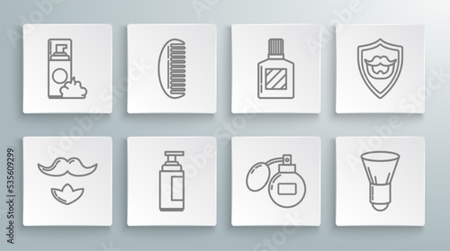 Set line Mustache and beard, Hairbrush, Cream or lotion cosmetic tube, Aftershave, Shaving, shield and gel foam icon. Vector