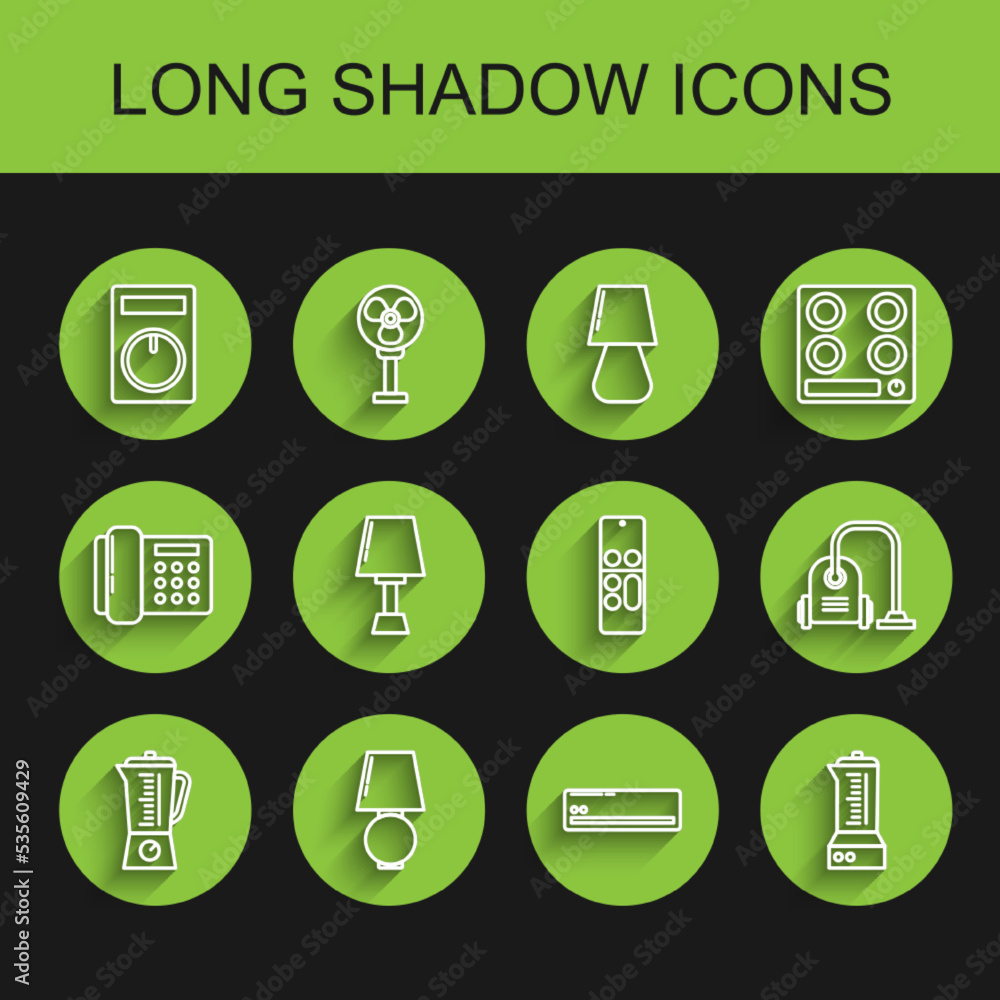 Set line Blender, Table lamp, Remote control, Air conditioner, Vacuum cleaner and icon. Vector