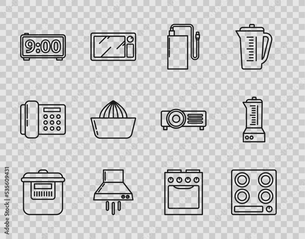 Set line Slow cooker, Gas stove, Power bank with different charge cable, Kitchen extractor fan, Digital alarm clock, Citrus fruit juicer, Oven and Blender icon. Vector Set line Slow cooker, Gas stove, Power bank with different charge cable, Kitchen extractor fan, Digital alarm clock, Citrus fruit juicer, Oven and Blender icon. Vector