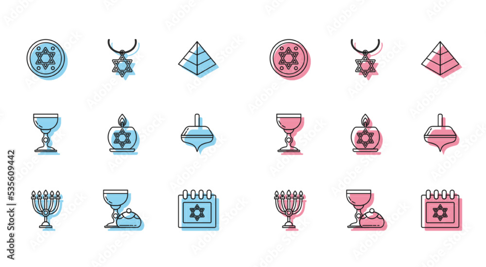 Set line Hanukkah menorah, Jewish goblet and hanukkah sufganiyot, coin, calendar with star of david, Burning candle candlestick, dreidel, and Star David necklace on chain icon. Vector Set line Hanukkah menorah, Jewish goblet and hanukkah sufganiyot, coin, calendar with star of david, Burning candle candlestick, dreidel, and Star David necklace on chain icon. Vector
