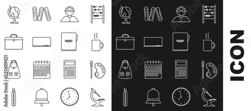 Set line Microscope, Paint brush with palette, Coffee cup, Student, Chalkboard, Briefcase, Earth globe and Notebook icon. Vector