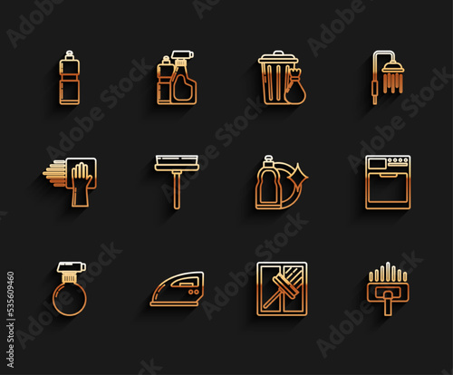 Set line , Electric iron, Plastic bottles for liquid dishwashing liquid, Squeegee, scraper, wiper, Vacuum cleaner, Washer and icon. Vector