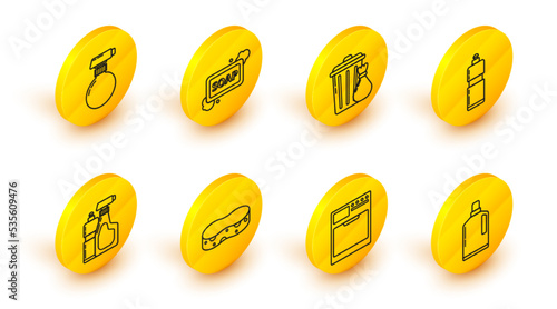 Set line Plastic bottles for liquid dishwashing liquid, Washer, Sponge, Trash can and garbage bag, Bar of soap with foam and icon. Vector