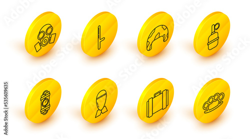 Set line Brass knuckles, Military ammunition box, Aviation bomb, Detonate dynamite stick and timer clock, Hand grenade, helmet, Police rubber baton and Gas mask icon. Vector
