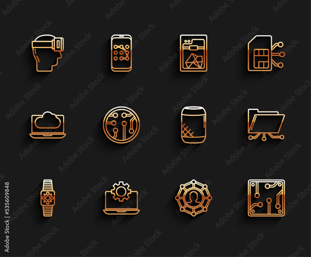 Set line Smartwatch, Laptop and gear, Virtual reality glasses, Project team base, Processor, Folder lock and Voice assistant icon. Vector Set line Smartwatch, Laptop and gear, Virtual reality glasses, Project team base, Processor, Folder lock and Voice assistant icon. Vector