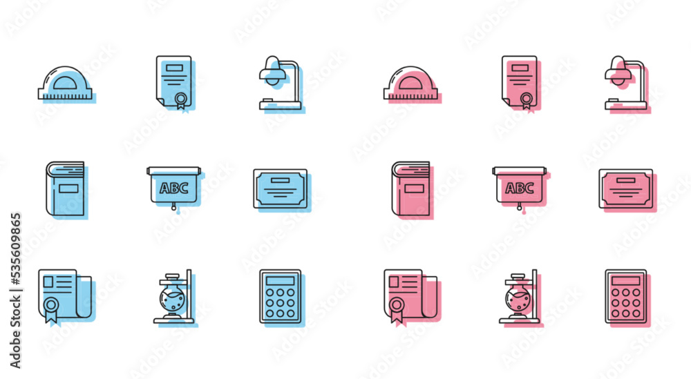 Set line Certificate template, Glass test tube flask on fire, Protractor grid for measuring degrees, Calculator, Chalkboard, Book and icon. Vector Set line Certificate template, Glass test tube flask on fire, Protractor grid for measuring degrees, Calculator, Chalkboard, Book and icon. Vector