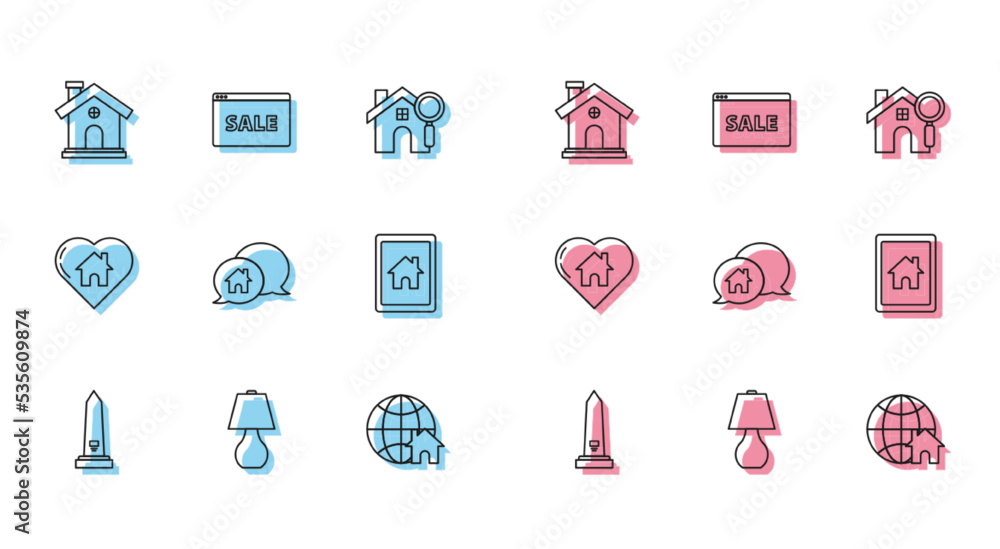 Set line Washington monument, Table lamp, House, Globe with house symbol, building speech bubble, Tablet and smart home, heart shape and Hanging sign text Online Sale icon. Vector Set line Washington monument, Table lamp, House, Globe with house symbol, building speech bubble, Tablet and smart home, heart shape and Hanging sign text Online Sale icon. Vector