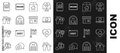 Set line House, with heart shape, Laptop and smart home, Cardboard box house, Warehouse, dollar symbol, contract and Shopping building or market store icon. Vector