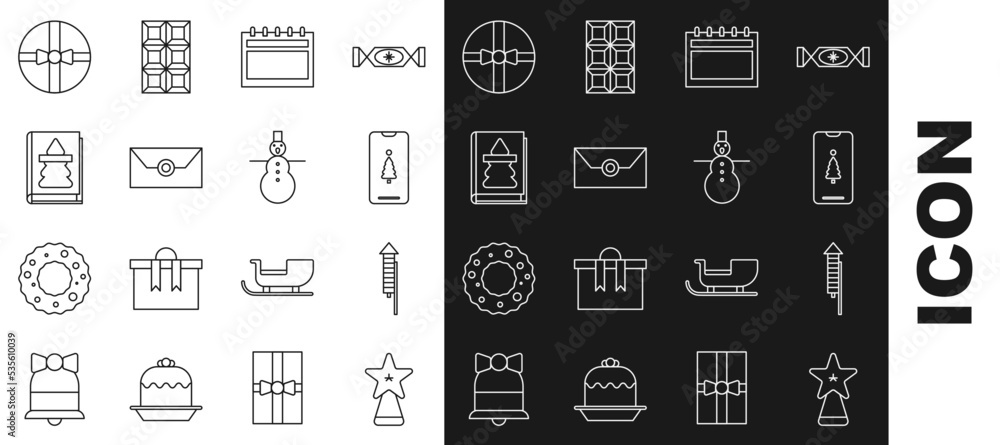Set line Christmas star, Firework rocket, Smartphone with gift box, Calendar, Envelope christmas party invitation card, book, Gift and snowman icon. Vector