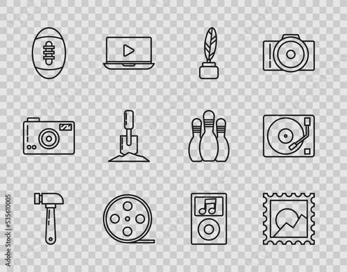 Set line Hammer, Picture landscape, Feather inkwell, Film reel, American Football ball, Shovel ground, Music player and Vinyl with vinyl disk icon. Vector