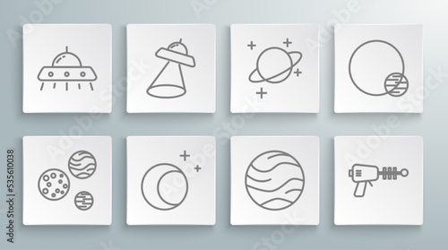 Set line Planet, UFO flying spaceship, Moon and stars, Ray gun, and icon. Vector